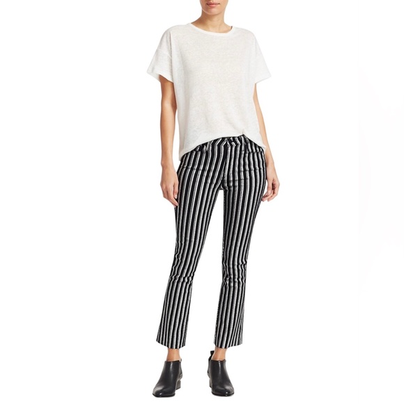 PAIGE Colette Crop Flare Metallic Striped Jeans w Raw Hem Silver Black Stripe 25 - Picture 2 of 14